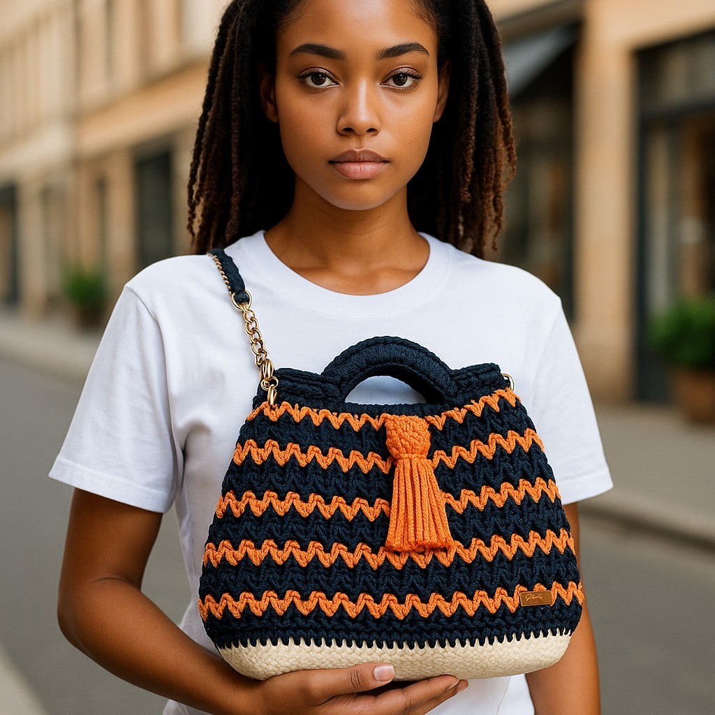Bolso Crochet Negro y Naranja con Diseño a Rayas, Hecho a Mano - Imagen 3