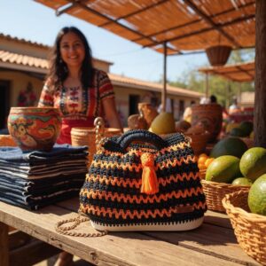 Bolso Crochet Negro y Naranja con Diseño a Rayas, Hecho a Mano