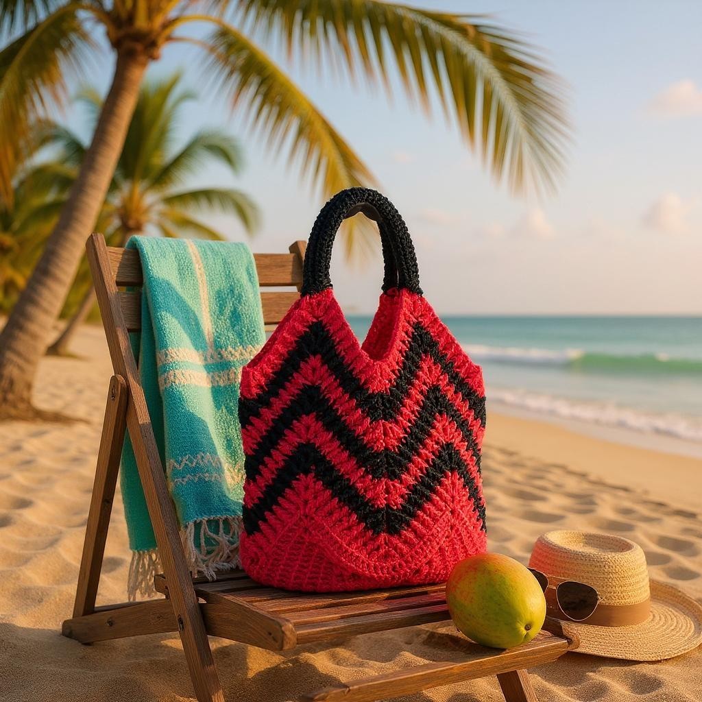 Bolso de Crochet Chevron Rojo y Negro – Diseño Artesanal Moderno