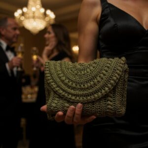 Bolso Bandolera en Crochet Verde Militar con Hilos Brillantes, Diseño Artesanal Exclusivo