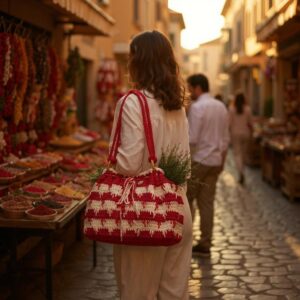 Bolso de Crochet Rojo y Blanco – Diseño Artesanal Grande y Sofisticado