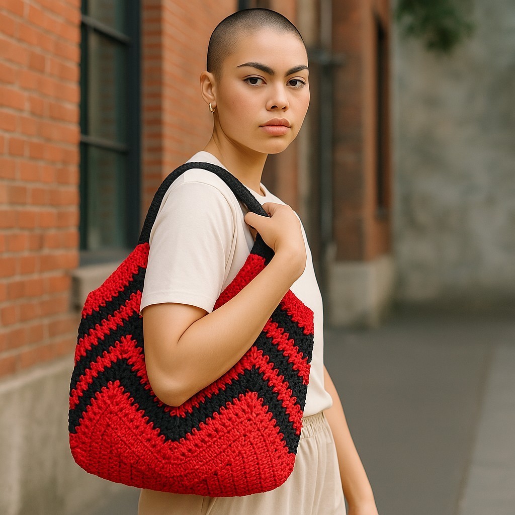 Bolso de Crochet Chevron Rojo y Negro – Diseño Artesanal Moderno - Imagen 3