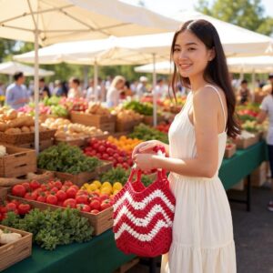 Bolso de Crochet Rojo y Blanco – Hecho a Mano, Diseño Chevron Vibrante