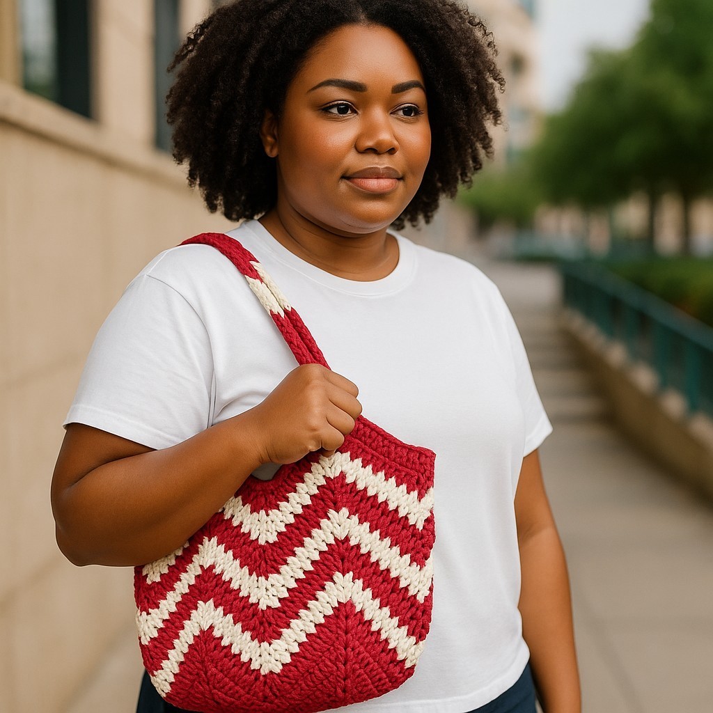 Bolso de Crochet Rojo y Blanco – Hecho a Mano, Diseño Chevron Vibrante - Imagen 3